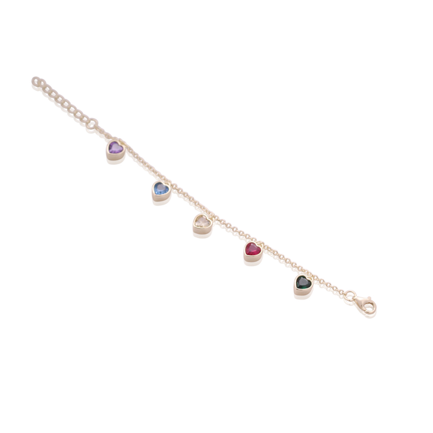Multi-Color CZ Bezel Heart Charm Bracelet