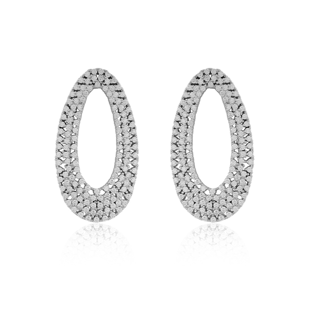 Open Oval Studded Drop Earrings in White Gold