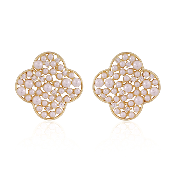 Mini Pearl & CZ Cluster Outlined Clover Oversized Studs in Yellow Gold
