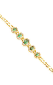 Graduating Green Ovals Double Chain Bracelet in Yellow Gold