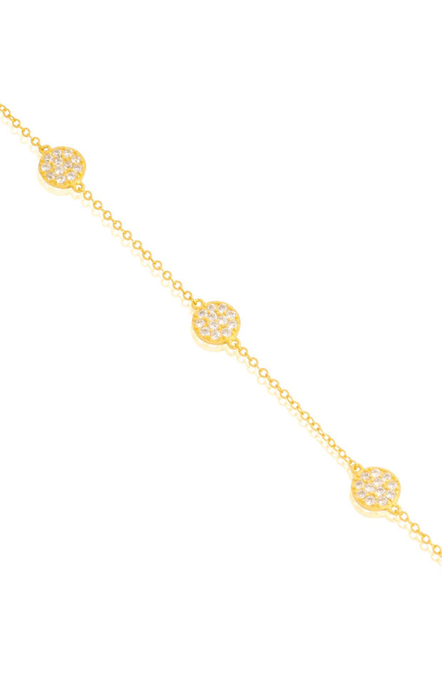 Delicate Three Pave Circles Paperclip Bracelet in Yellow Gold