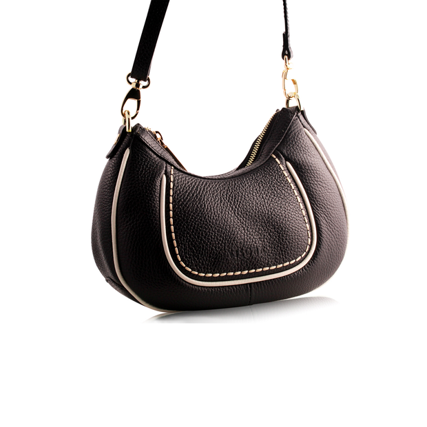 VISONA Black & Off White Leather Small Hobo Bag