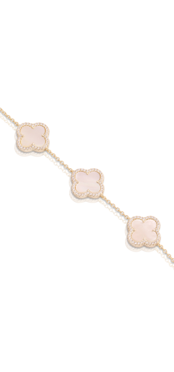 Four Mother of Pearl CZ Clover Bracelet in Yellow Gold