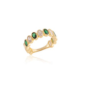 Emerald & CZ Oval Bezel Set Ring in Yellow Gold