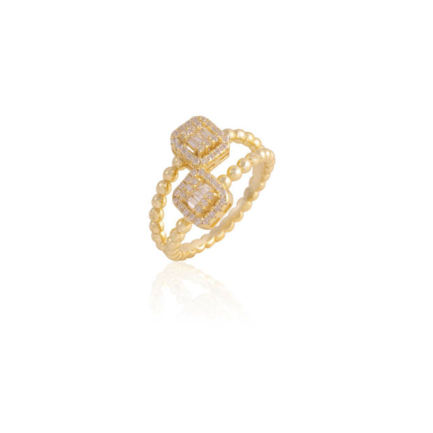 Baguette CZ Squares Double Bubble Band Ring in Yellow Gold