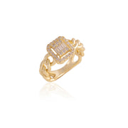 Square Baguette CZ Halo Cuban Link Ring in Yellow Gold