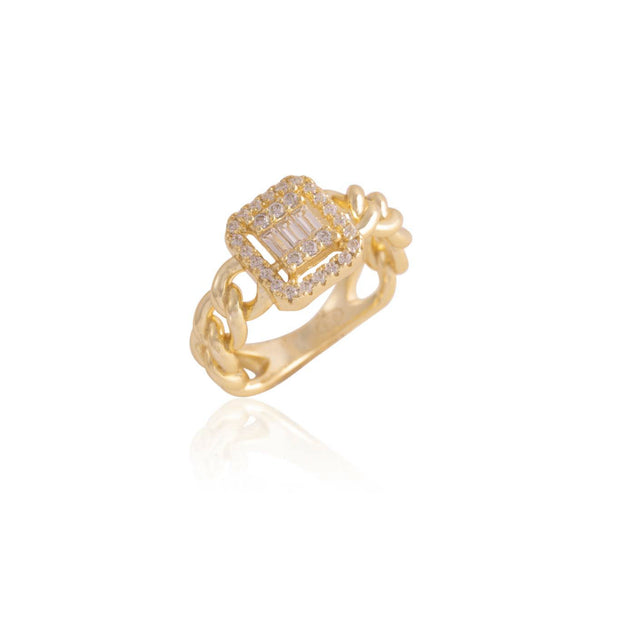 Square Baguette CZ Halo Cuban Link Ring in Yellow Gold