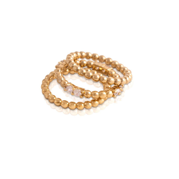 Beaded Polished CZ Three Stack Ring in Yellow Gold