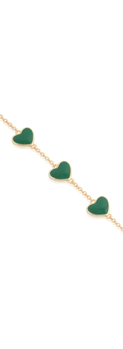 Sweet Six Green Enamel Station Hearts Bracelet in Yellow Gold