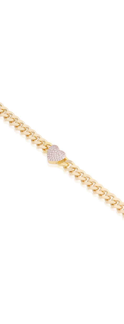 Pave Puffed CZ Heart Cuban Link Bracelet in Yellow Gold