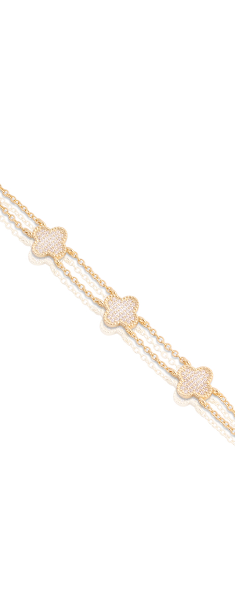 Three CZ Pave Clover Double Chain Bracelet in Yellow Gold
