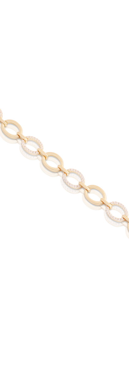 Small Brushed & CZ Open Ovals Bracelet in Yellow Gold