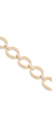 Open Brushed Large Ovals CZ Pave Connectors Bracelet in Yellow Gold