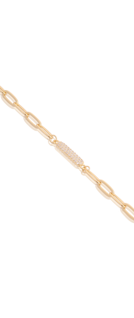 Pave Bar on Paperclip Bracelet in Yellow Gold