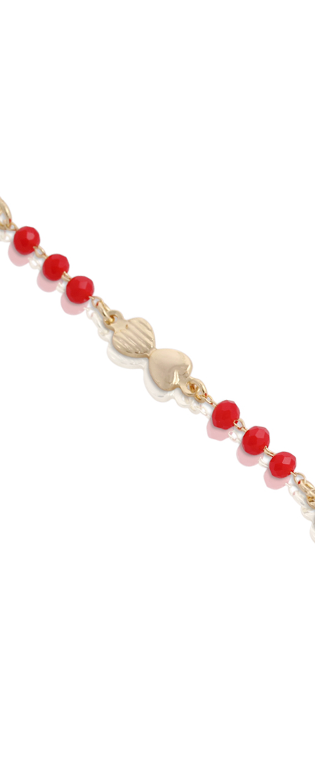 Red Beaded Gold Polished & Ribbed Hearts Bracelet