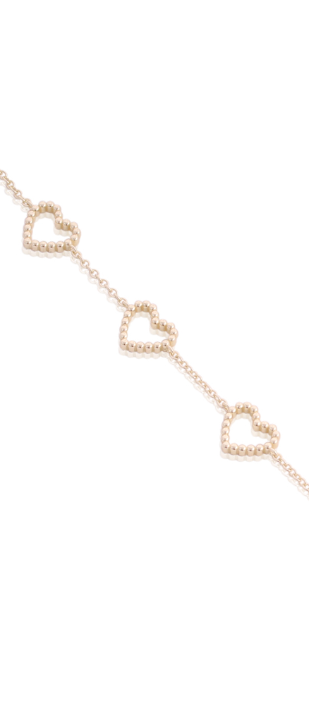 Four Open Beaded Hearts Bracelet in Yellow Gold