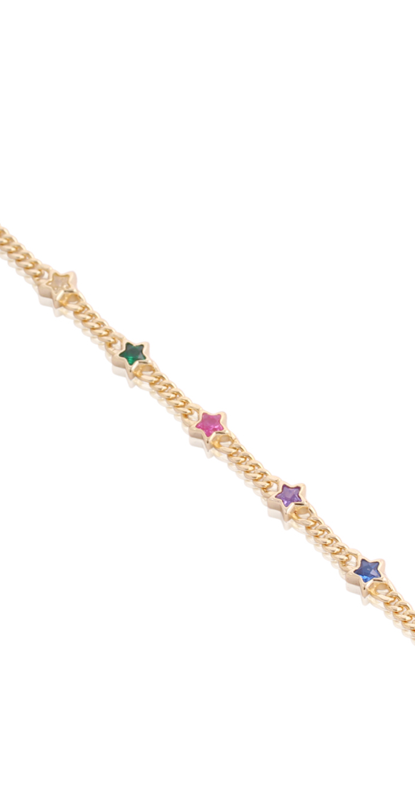Multi-Colored Stars Cuban Chain Bracelet in Yellow Gold