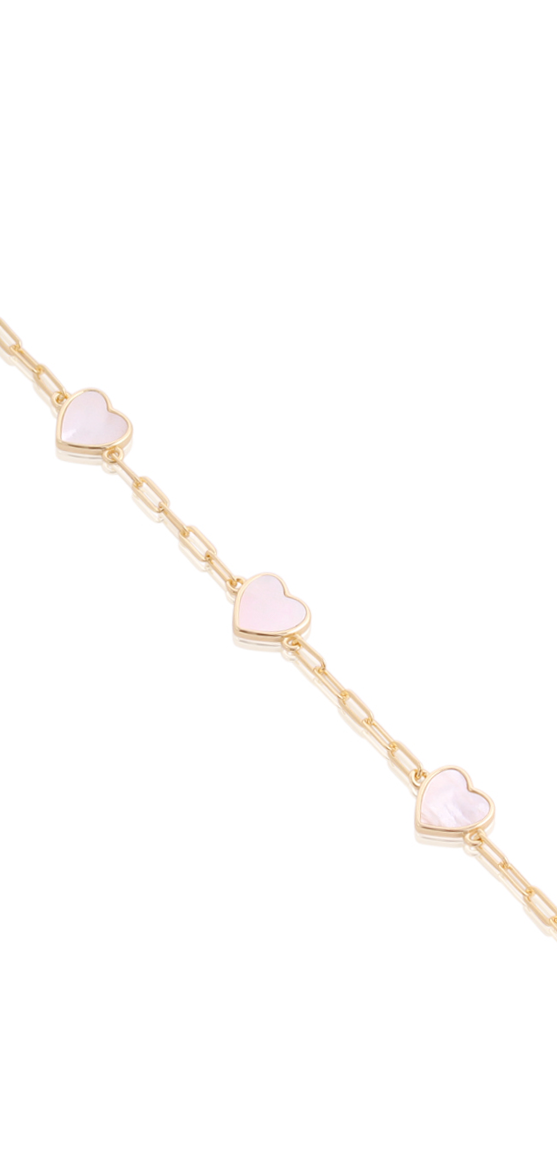 Petite Triple MOP Heart Paperclip Bracelet in Yellow Gold