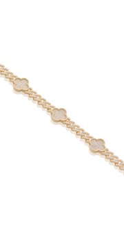 Pave Moissanite Clover Cuban Link Bracelet in Yellow Gold
