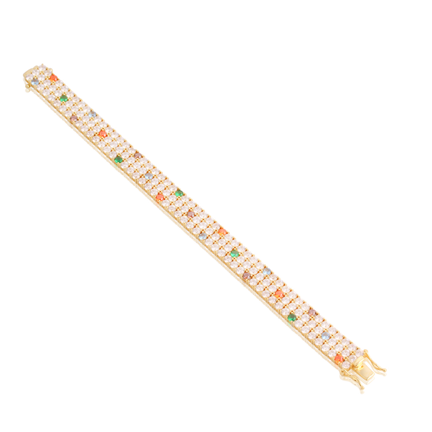 Scattered Colored CZ Three Row Tennis Bracelet in Yellow Gold