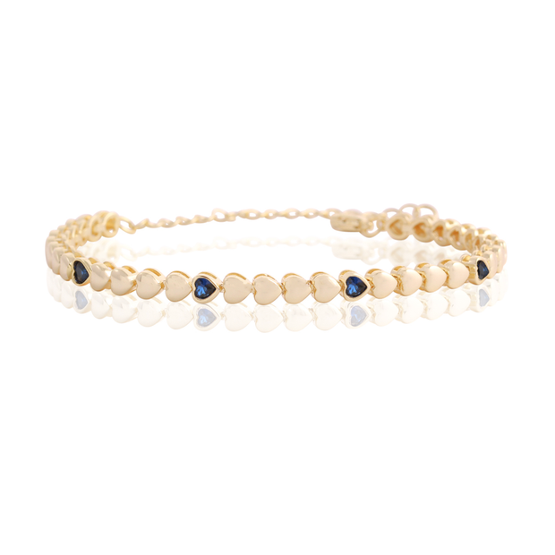 Polished & Six Sapphire Hearts Bracelet in Yellow Gold