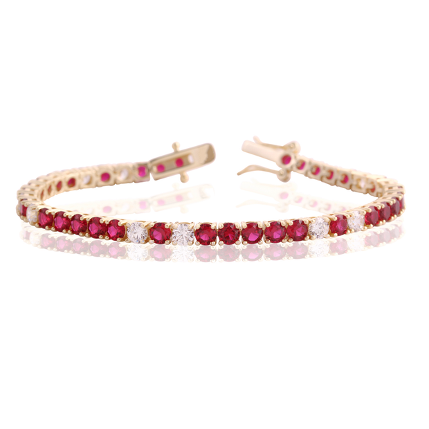 Ruby 4mm CZ Design Interval Tennis Bracelet in Yellow Gold