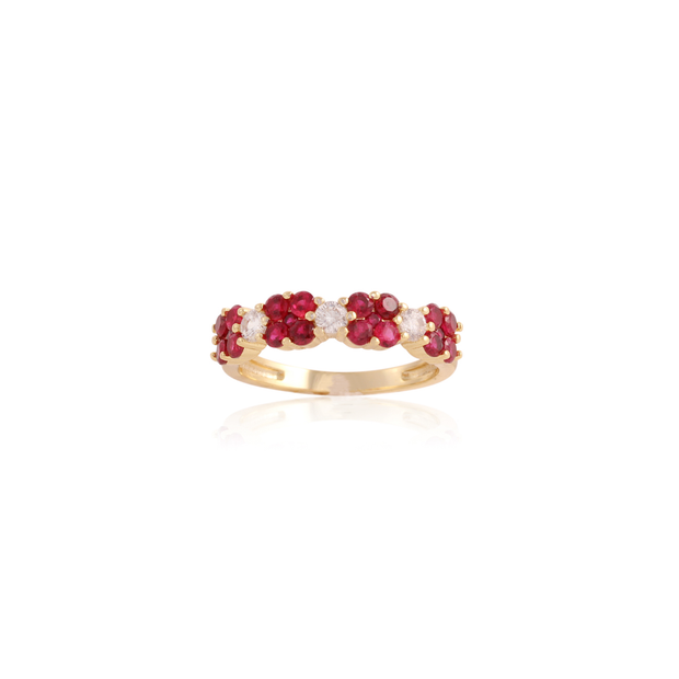 Alternating Ruby Flower & CZ Ring in Yellow Gold