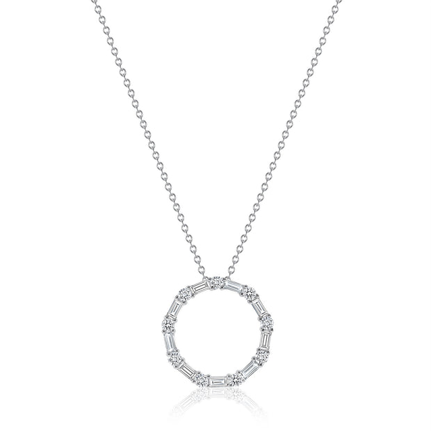 Small Baguette & CZ Open Circle Pendant in White Gold