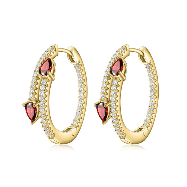 Ruby Tip & CZ Stone Hoops in Yellow Gold