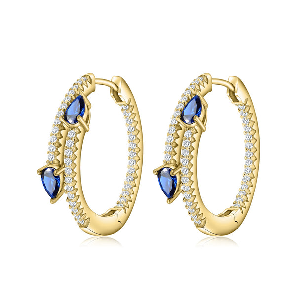 Blue Tip & CZ Stone Hoops in Yellow Gold