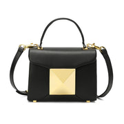 Full-Grain Soft Leather Top-Handle Bag in Black & Gold