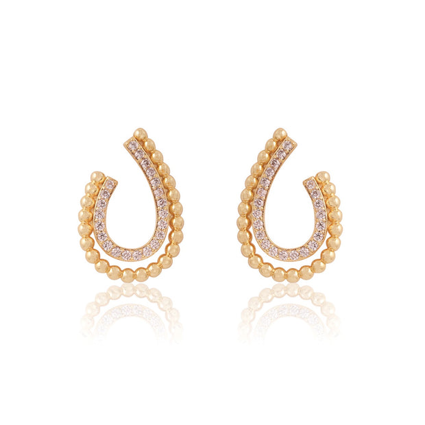Beaded & CZ Spaced "J" Earring in Yellow Gold