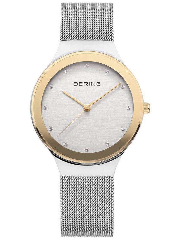 BERING Polished Two-Tone Mesh Round Face Watch in Yellow