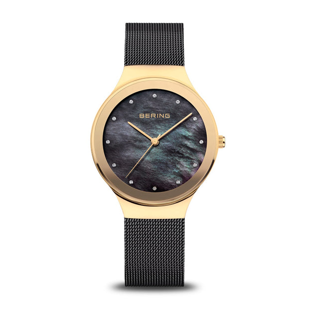 BERING Polished Black & Gold Mesh Round Face Watch