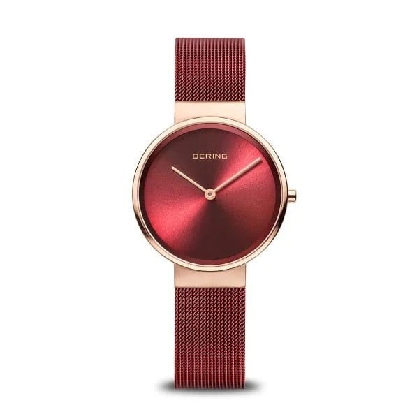 Classic Brushed & Polished Red Mesh Rose Gold Watch