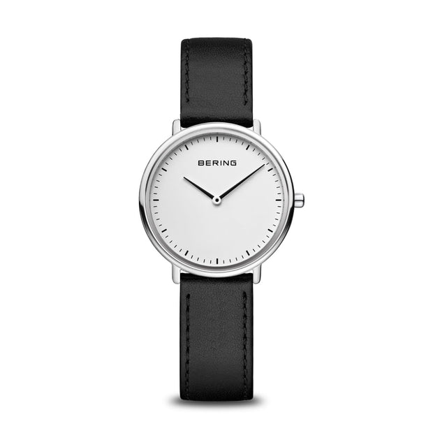 BERING Ultra Slim Polished Silver Black Leather Watch