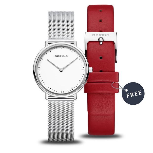 BERING Ultra Slim Mesh & Red Leather Interchangeable Watch