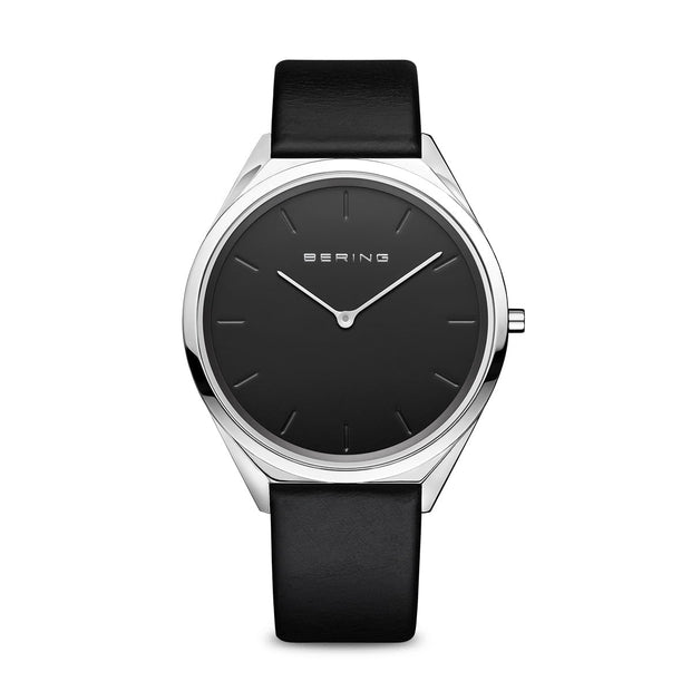 BERING Ultra slim 39MM Black Silver Leather Watch