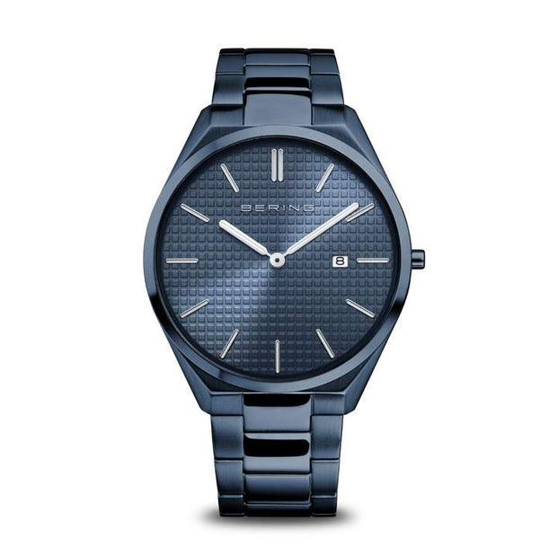 BERING Ultra Slim Polished/Brushed Blue Link Watch