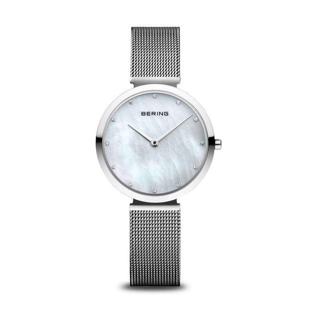 BERING Classic Polished Silver Mother of Pearl Mesh Watch