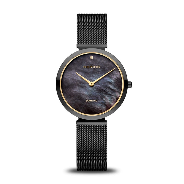 BERING Black Polished & Gold Accent Mesh Watch