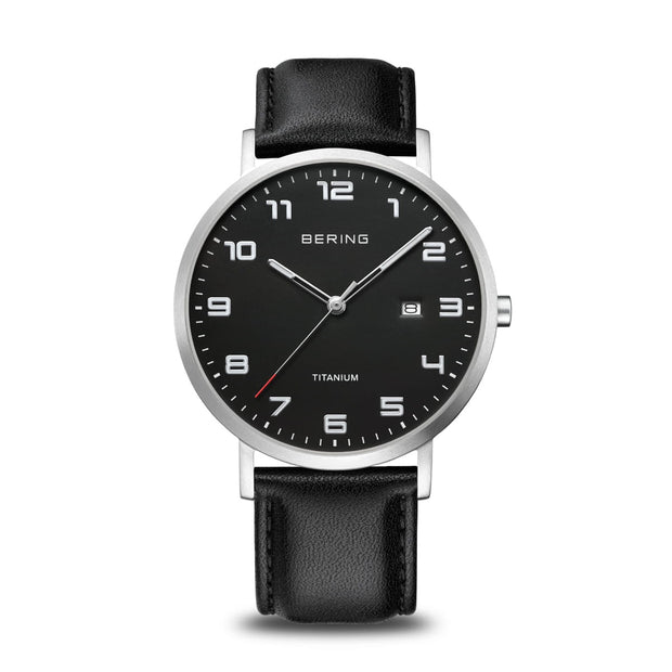 BERING Titanium Black Face Brushed Silver Black Leather Watch