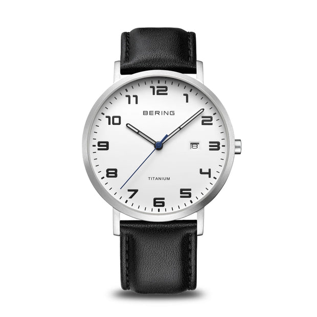BERING Titanium White Face Brushed Silver Black Leather Watch