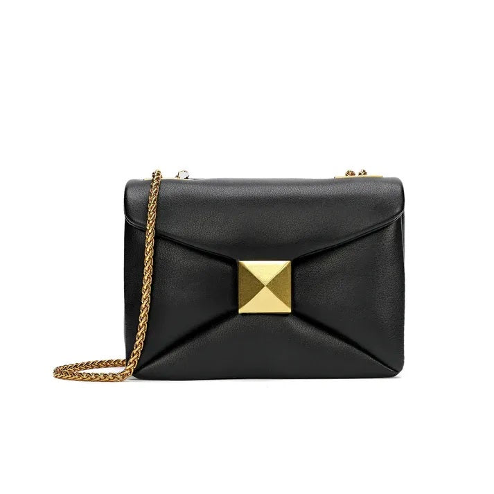 Black Quilted Leather Bag with Gold Square Closure