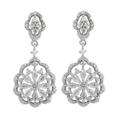 White Gold Cz Floral Design Dangling Earring