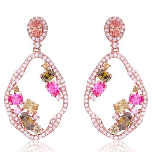Rose Gold Multi Colored Cz Open Irregular Oval Earring