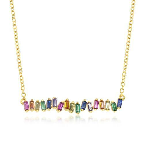 Rainbow Baguette CZ Bar Necklace in Yellow Gold