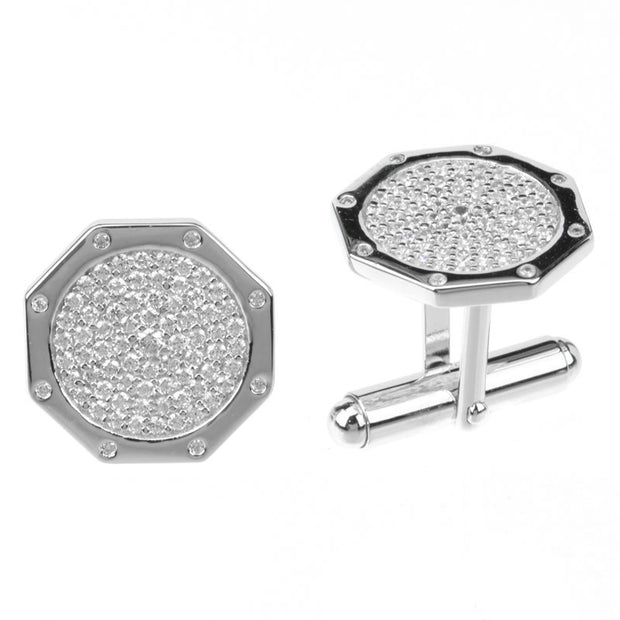 Octagon Polished & CZ Cufflinks in White Gold
