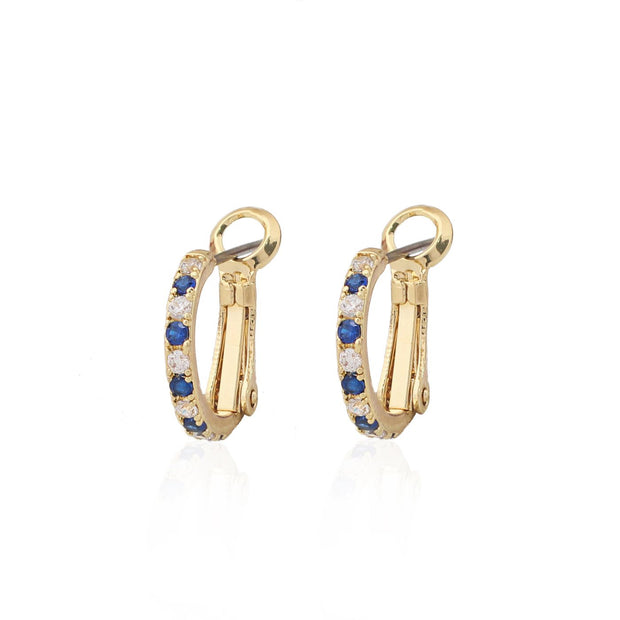 Small Thin  Blue CZ Hoop Earrings In Yellow Gold