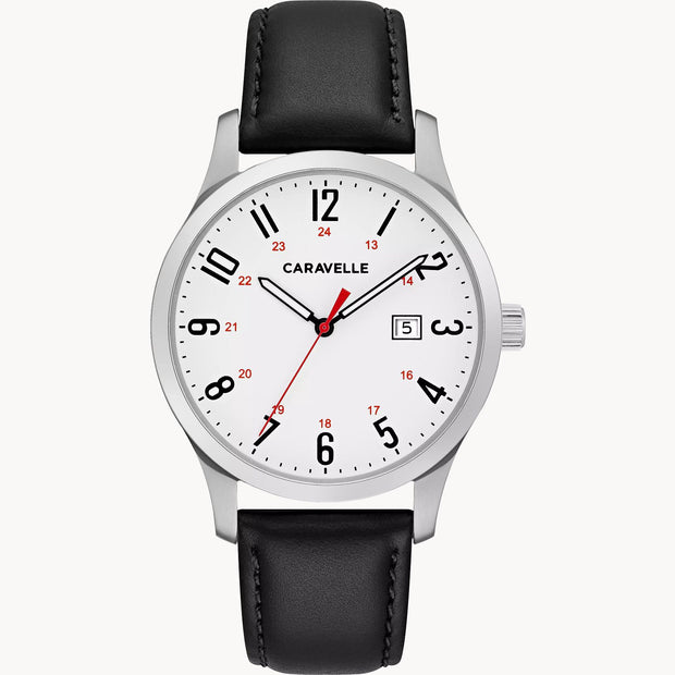 CARAVELLE Traditional White & Red Face Black Leather Watch